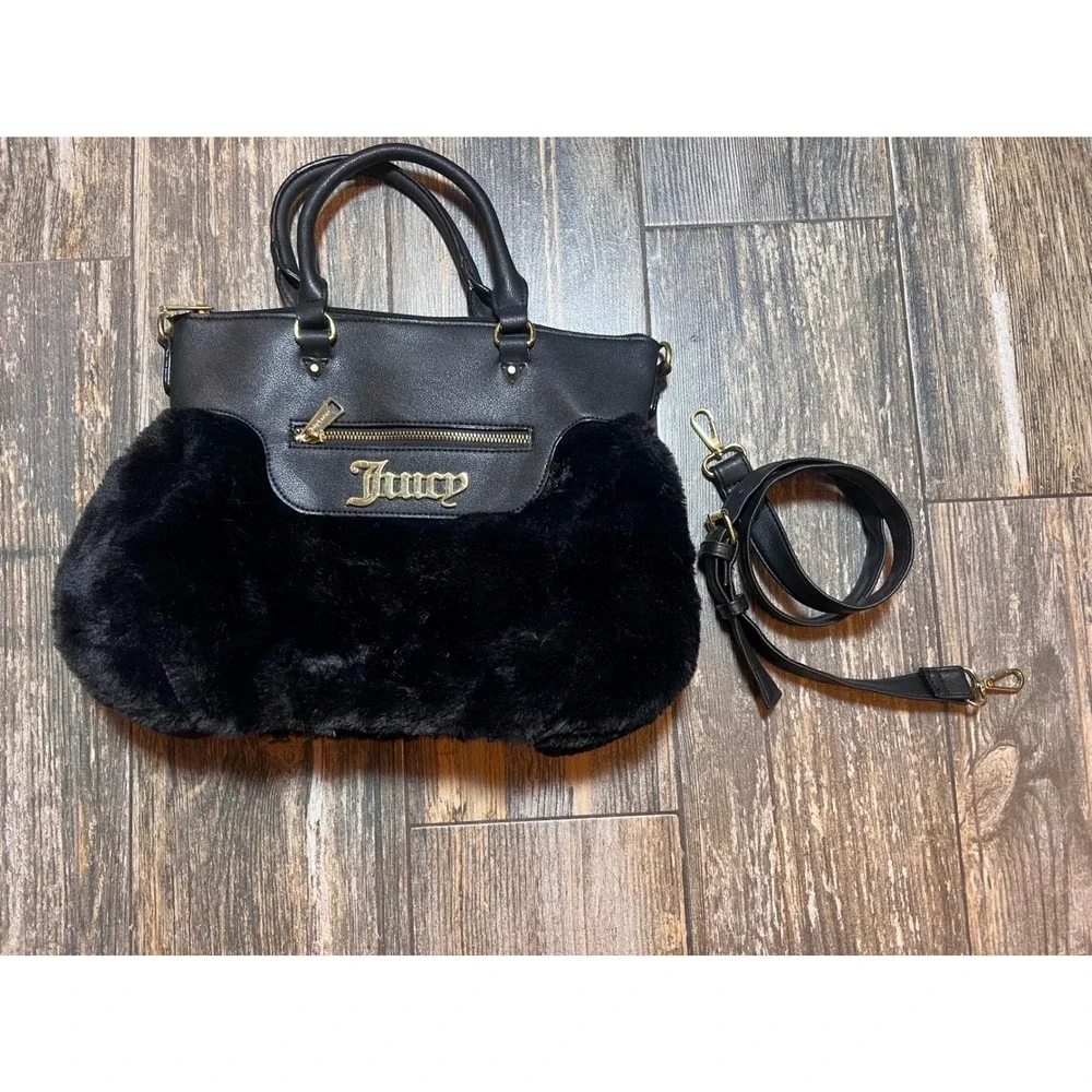 Juicy‎ Couture Black Faux Fur Satchel Handbag Gold Logo Detachable Strap Fluffy